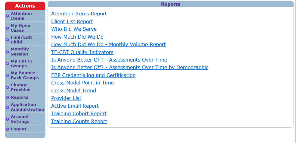 EBPT Reports Menu